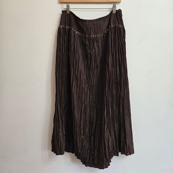 Talbots Womans Vtg Y2K Fairy Boho Brown Silk Embellished Crinkle Midi Skirt 16W - Picture 1 of 12